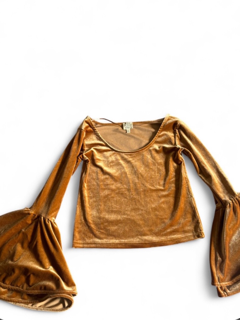 Torn by Ronny Kobo Velvet Bell-Sleeve Scoop Neck Top in Mustard Gold